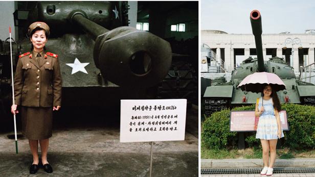 Zwei Fotos zeigen Menschen vor Panzern in einem Museum oder einer Gedenkstätte.