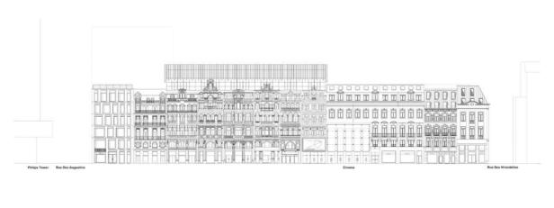 Skizze des neuen Komplexes, vom Place de Brouckère aus gesehen. S_2_HenningLarsen_DeBrouckere_ElevationfromPlacedeBrouckere-1200px-1024x384