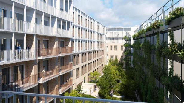Lebenswertes Wohnen im Zentrum: Henning Larsens Plan sieht grüne Oasen im Innenhof, Gärten und begrünte Fassaden vor. S_Courtyard-view-1200px-1024x576