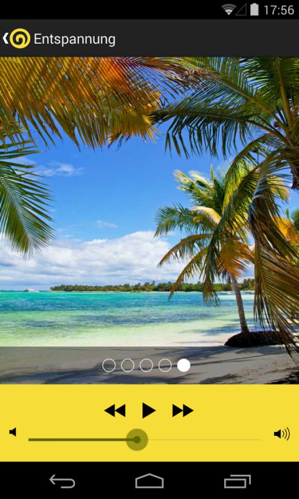 Ein Bildschirmfoto einer Entspannungs-App mit einem tropischen Strand im Hintergrund.