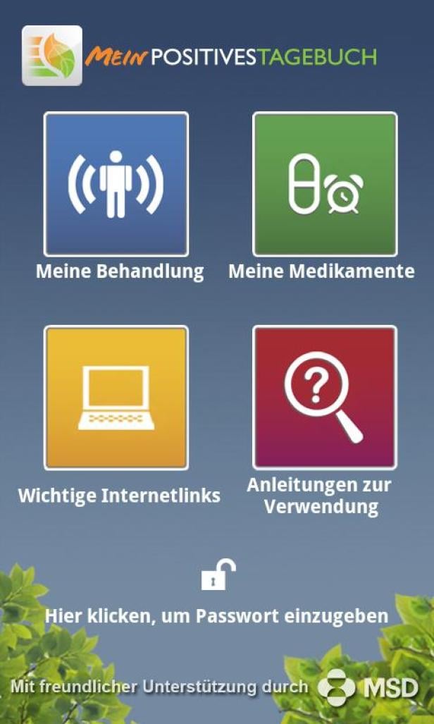 Screenshot der App „Mein Positives Tagebuch“ mit verschiedenen Menüpunkten.