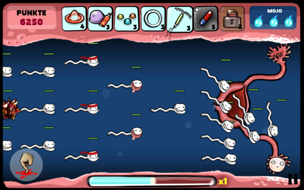 Spermatozoen schwimmen auf ein weibliches Fortpflanzungsorgan zu, in einem Spiel mit verschiedenen Verhütungsmitteln.