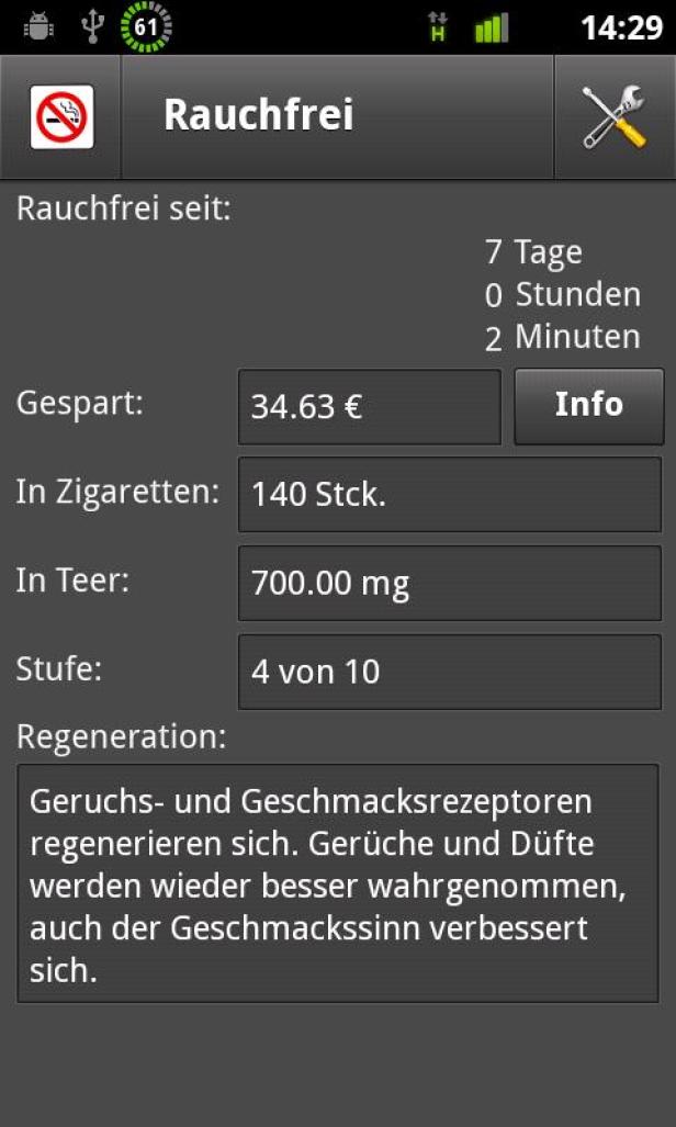 Eine App zeigt Statistiken zur Raucherentwöhnung, wie gespartes Geld und Teer.