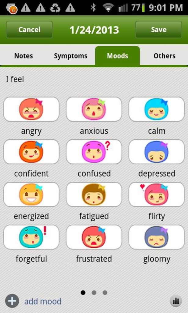 Ein Bildschirmfoto einer App zur Stimmungsverfolgung mit verschiedenen Emoji-Gesichtern, die Emotionen darstellen.