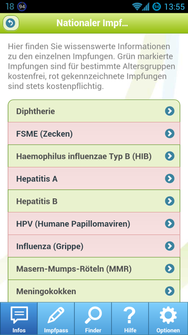 Ein Screenshot einer Impf-App mit Informationen zu verschiedenen Impfungen wie Diphtherie und FSME.