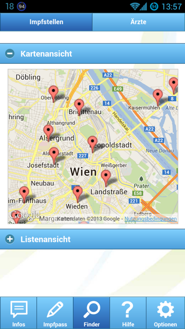 Eine Kartenansicht von Wien mit Markierungen für Impfstellen.