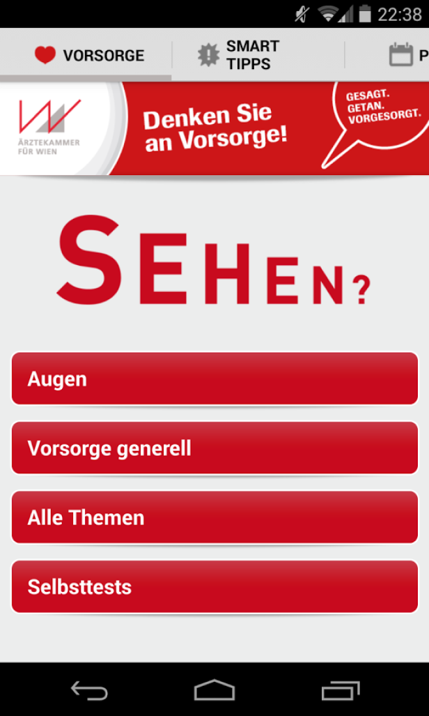 Ein Screenshot einer App der Ärztekammer Wien zum Thema Vorsorge und Augengesundheit.