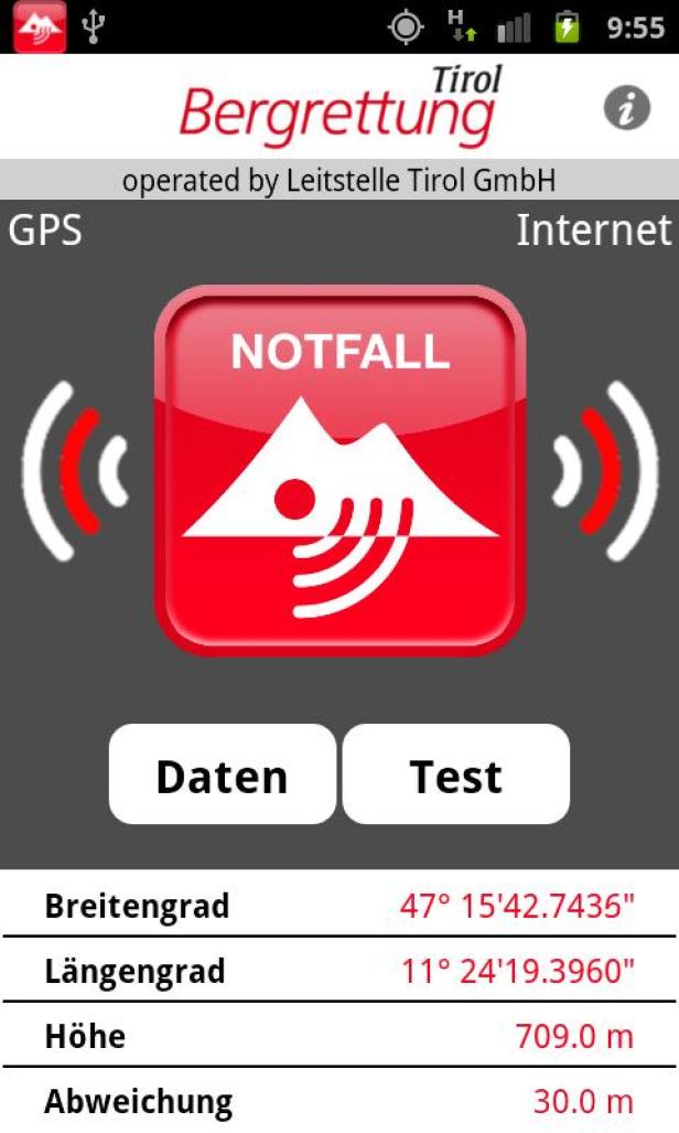 Ein Screenshot der Tirol Bergrettung App mit GPS-Koordinaten und Notfall-Button.