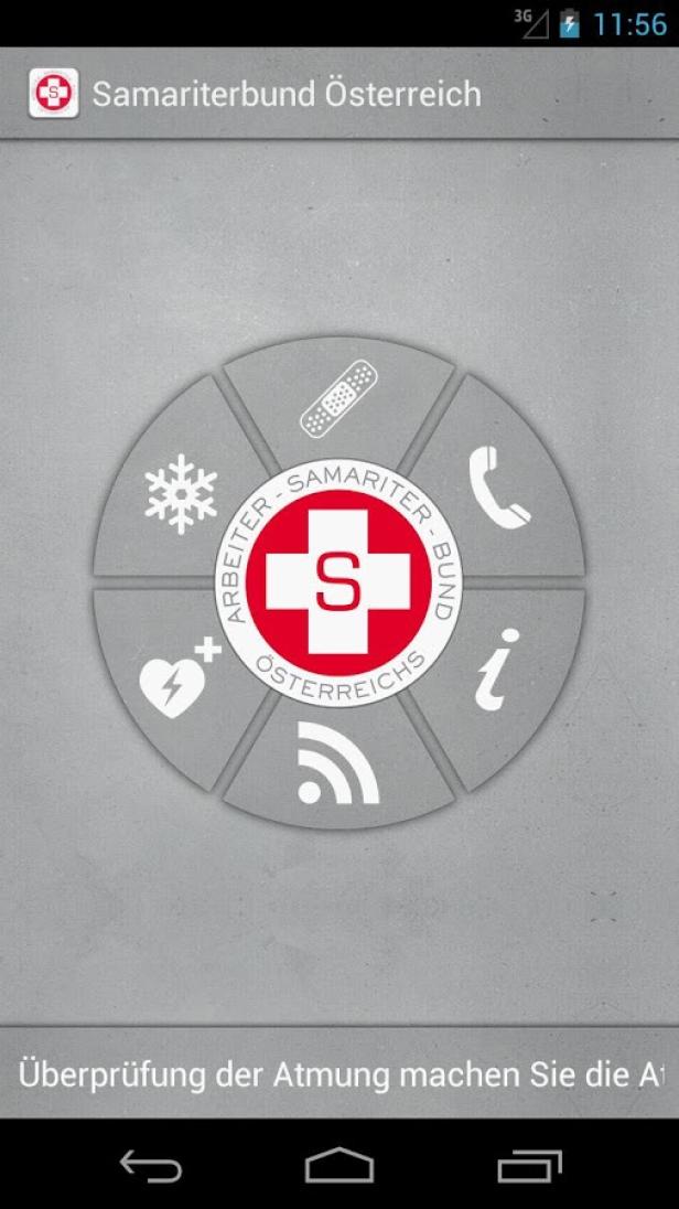 Screenshot der Samariterbund Österreich App mit verschiedenen Funktionen.
