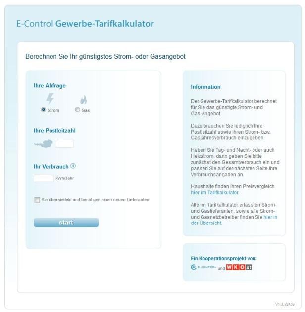 Ein Screenshot des E-Control Gewerbe-Tarifkalkulators zur Berechnung von Strom- und Gasangeboten.