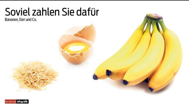 Eine Bananenstaude, ein aufgeschlagenes Ei und ein Häufchen Reis auf weißem Grund.