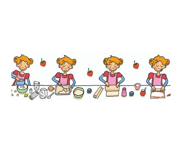 Eine Illustration zeigt ein Mädchen beim Backen in verschiedenen Phasen.