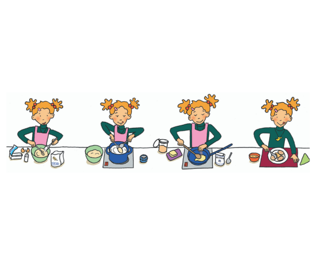 Eine Illustration, die ein Mädchen beim Zubereiten von Speisen in vier Schritten zeigt.
