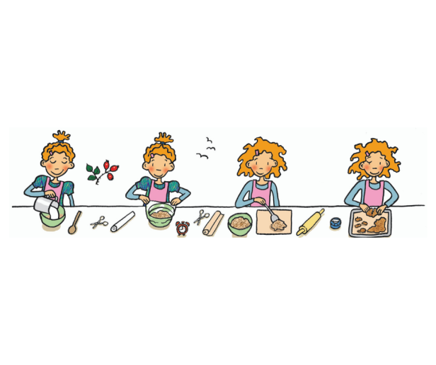 Eine Illustration, die ein Mädchen beim Backen von Keksen in verschiedenen Schritten zeigt.