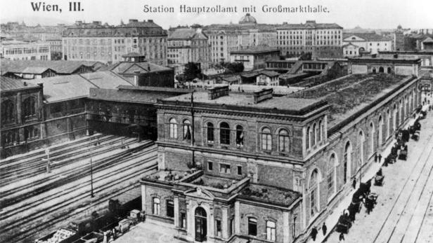 Historische Aufnahme des Stations Hauptzollamt mit Großmarkthalle in Wien.