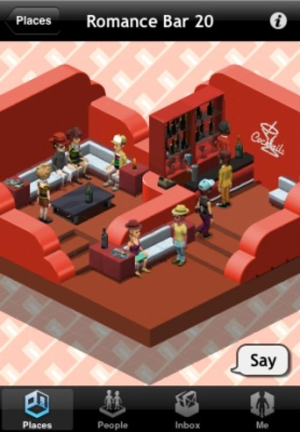 Eine isometrische Ansicht der „Romance Bar 20“ mit Gästen und einer Bar mit Cocktails.