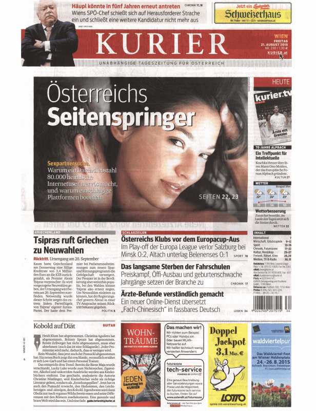 Titelseite des Kurier vom 21. August 2015 mit verschiedenen Artikeln und Anzeigen.