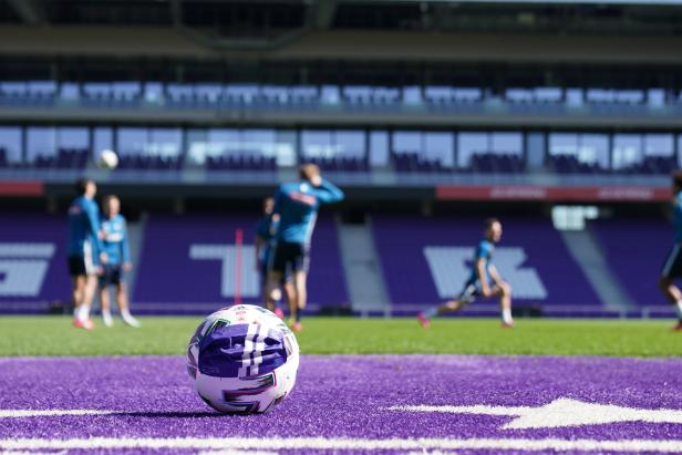 Ein Fußball liegt auf dem violetten Rasen eines Fußballfeldes.