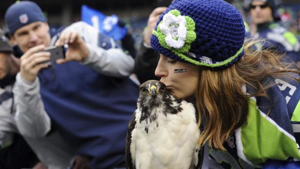Eine Frau mit Mütze küsst einen Falken vor dem Hintergrund eines Footballspiels.
