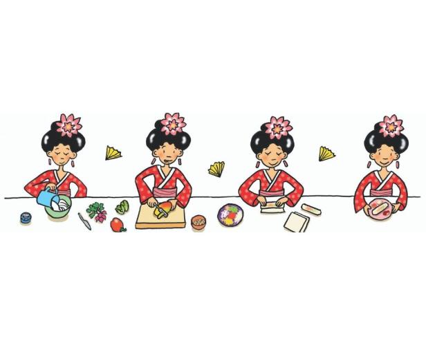 Eine stilisierte Darstellung einer Frau in einem Kimono, die verschiedene Schritte der Essenszubereitung zeigt.