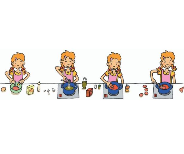 Eine Illustration, die ein Mädchen beim Kochen einer Mahlzeit in vier Schritten zeigt.