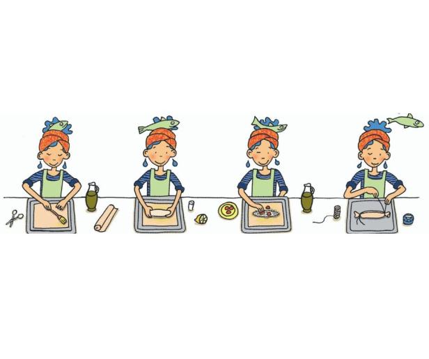 Eine Illustration, die die Zubereitung von Fisch in vier Schritten zeigt.