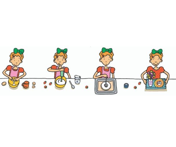 Eine Illustration, die ein Mädchen beim Backen eines Kuchens in verschiedenen Schritten zeigt.