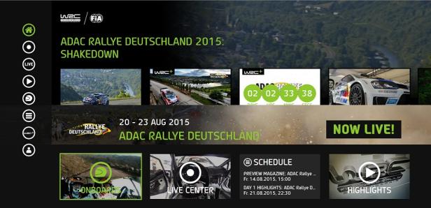 Laola1 - WRC Rallye Smart TV App - Bild 2 Das Menü der ADAC Rallye Deutschland 2015 mit verschiedenen Optionen wie Live Center und Onboard-Aufnahmen.