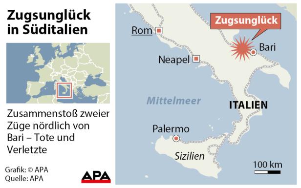 Eine Karte von Süditalien, die die Lage eines Zugunglücks in der Nähe von Bari zeigt.