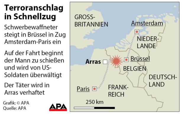 Eine Karte zeigt die Route des Thalys-Zuges von Amsterdam nach Paris, wo ein Terroranschlag stattfand.