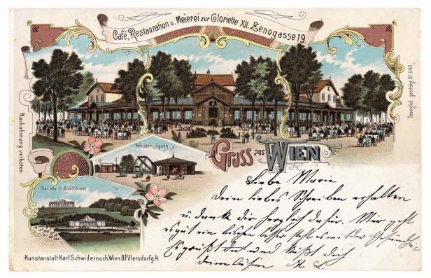 Eine historische Postkarte mit einer Ansicht des Café Restauration u. Meierei zur Gloriette in Wien.