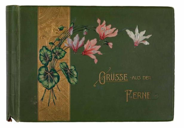 Ein grünes Album mit dem Schriftzug „Grüsse aus der Ferne“ und einer Zeichnung von Alpenveilchen.