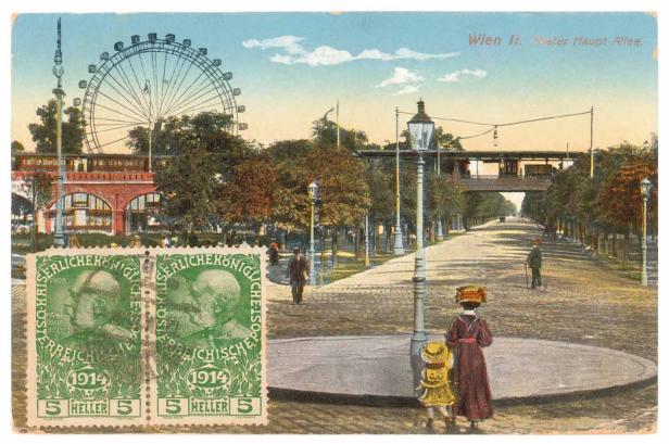 Eine historische Ansicht der Prater Hauptallee in Wien mit dem Riesenrad im Hintergrund.