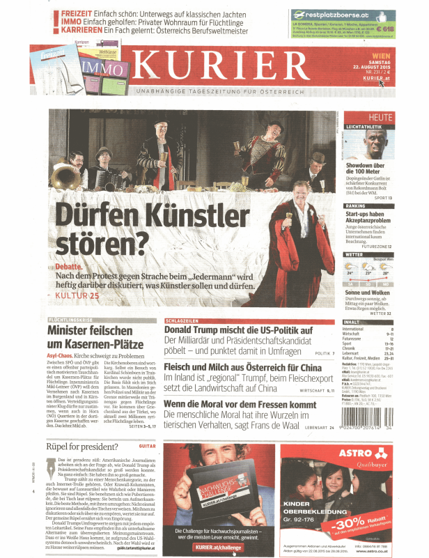 Titelseite der österreichischen Tageszeitung Kurier vom 22. August 2015.