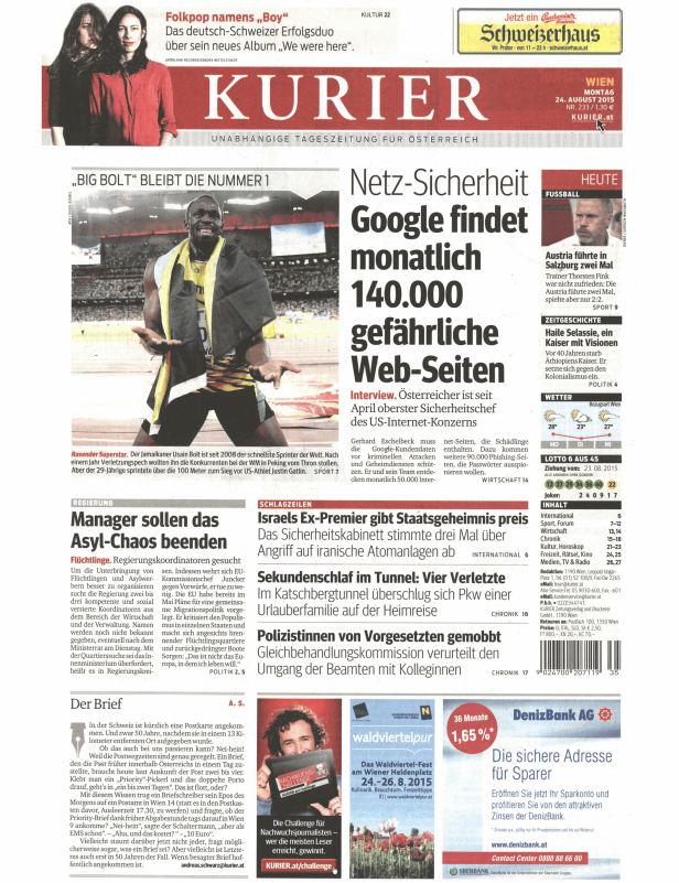 Titelseite der österreichischen Tageszeitung „Kurier“ vom 24. August 2015.