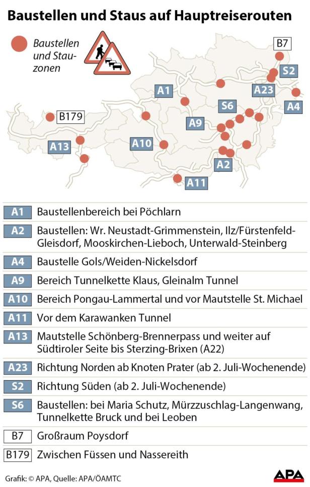 Baustellen und Staus auf Hauptreiserouten Eine Karte von Österreich, die Baustellen und Staus auf Hauptreiserouten zeigt.