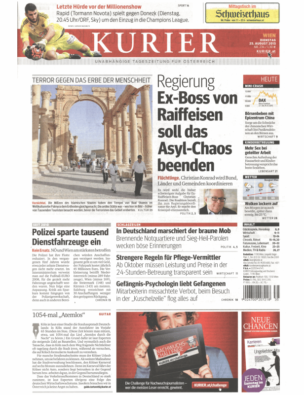 Titelseite der österreichischen Tageszeitung „Kurier“ vom 25. August 2015.