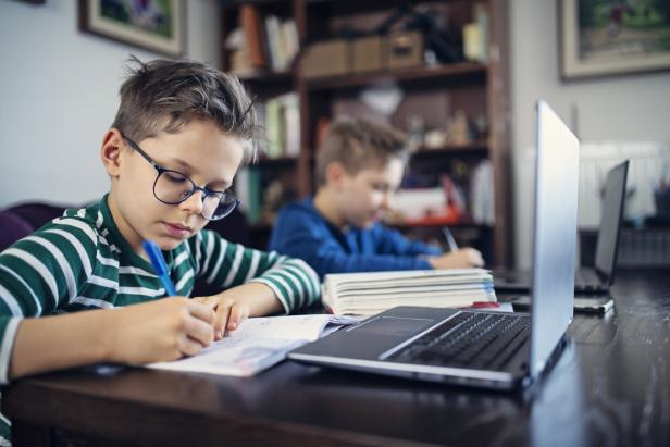 Little boys attending to online school class.