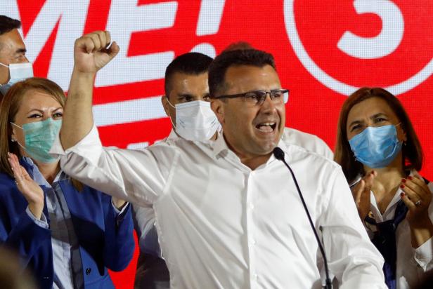 Macedonian Former Prime Minister and leader of the ruling SDSM party Zaev celebrates his victory in a parliamentary election, In Skopje