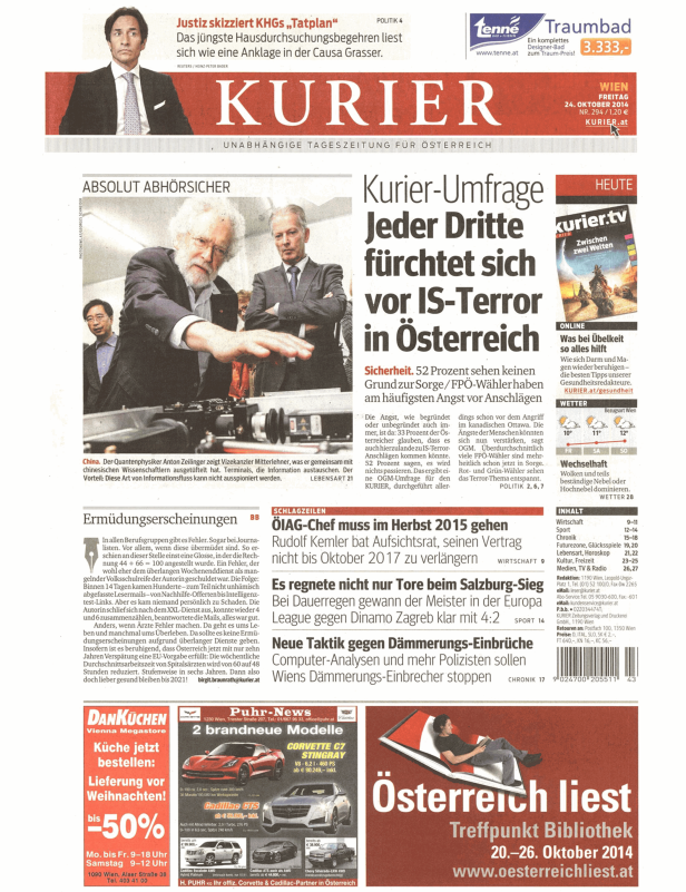 Titelseite der Zeitung Kurier vom 24. Oktober 2014.