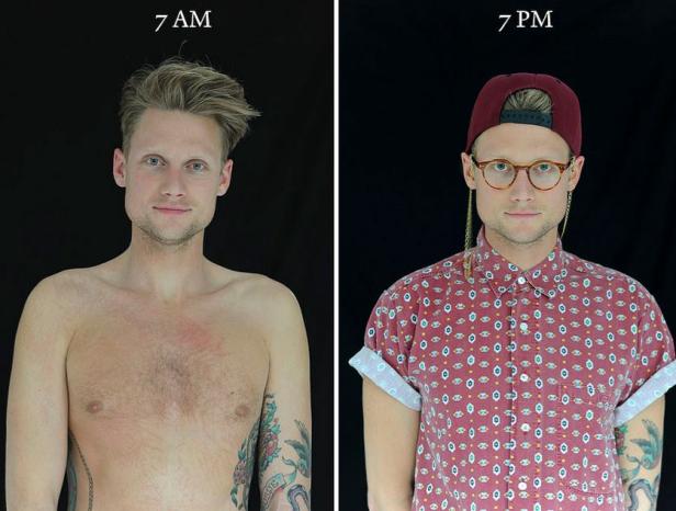 Ein Mann, einmal um 7 Uhr morgens ohne Hemd und einmal um 19 Uhr mit Hemd, Brille und Kappe.