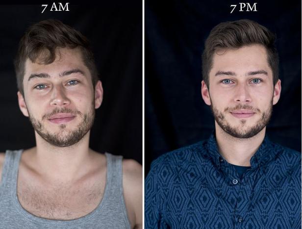 Ein Mann, einmal um 7 Uhr morgens im Unterhemd und einmal um 19 Uhr im Hemd.