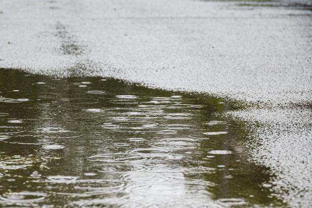 Regentropfen erzeugen Kreise auf einer asphaltierten Fläche.