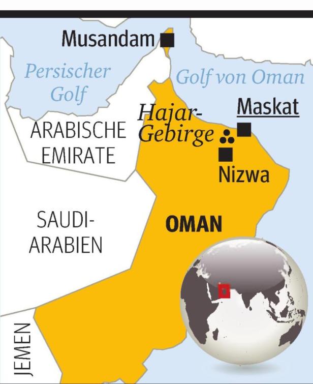 Eine Karte von Oman und seiner Umgebung mit den Städten Maskat und Nizwa.
