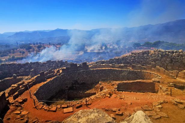 Bushfire burns near the archaeological site of Mycenae, Peloponese, Greece