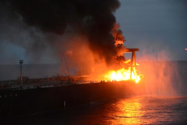 The New Diamond, a very large crude carrier (VLCC) chartered by Indian Oil Corp (IOC), that was carrying the equivalent of about 2 million barrels of oil, is seen after a fire broke out off east coast of Sri Lanka