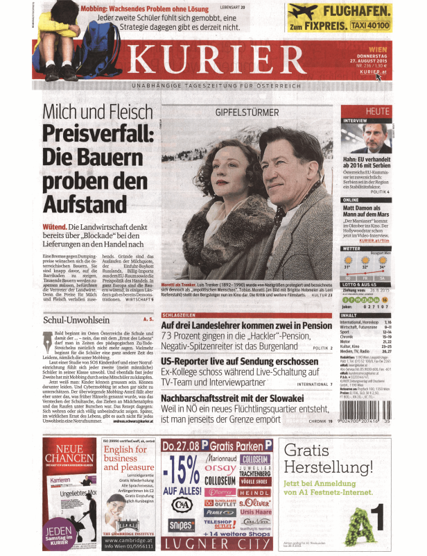 Titelseite des Kurier vom 27. August 2015 mit Artikeln zu verschiedenen Themen.