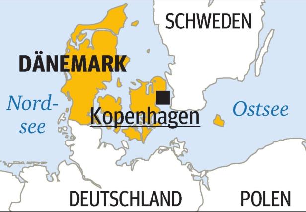Eine Karte von Dänemark, Südschweden und Norddeutschland mit Kopenhagen markiert.