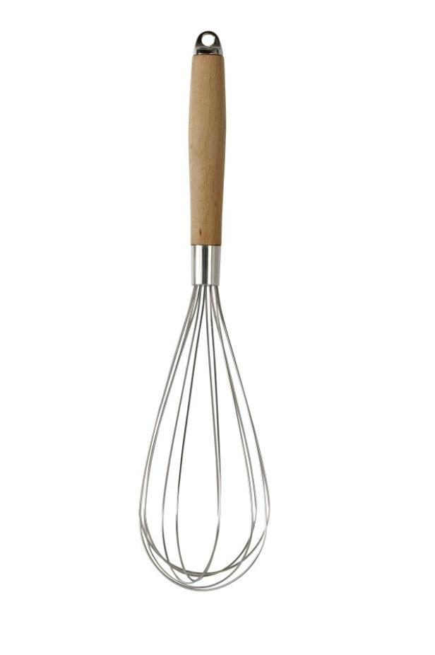 Ein Schneebesen mit Holzgriff und Metallstäben.