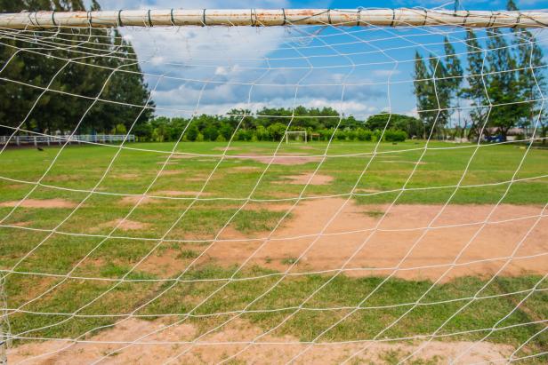 Soccer or Football and net ,green field in the Background